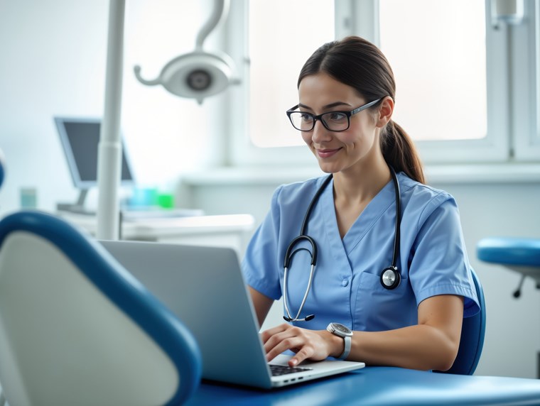 Nurse looking at laptop
