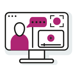 Pink icon displaying a computer screen with a person displayed along with a couple computer windows representing online content.