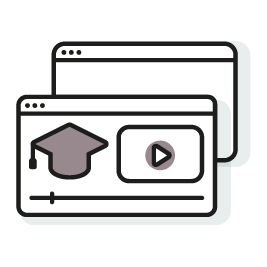 Graphic illustrating an online course. There are two computer windows, one is empty, the other contains a graduation cap and a window displaying a triangular 'play' symbol. 
